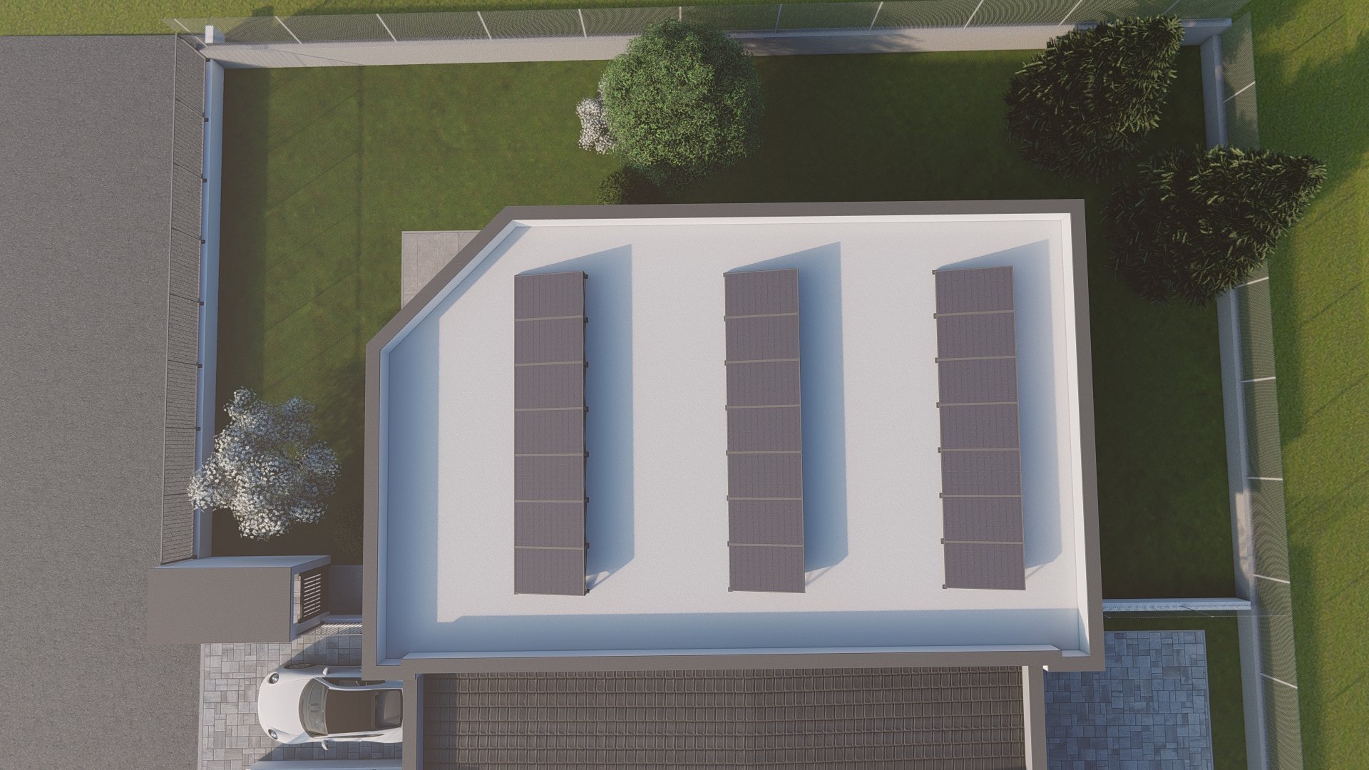Aerial view of a modern house with three solar panel arrays on the white roof, surrounded by landscaping and trees