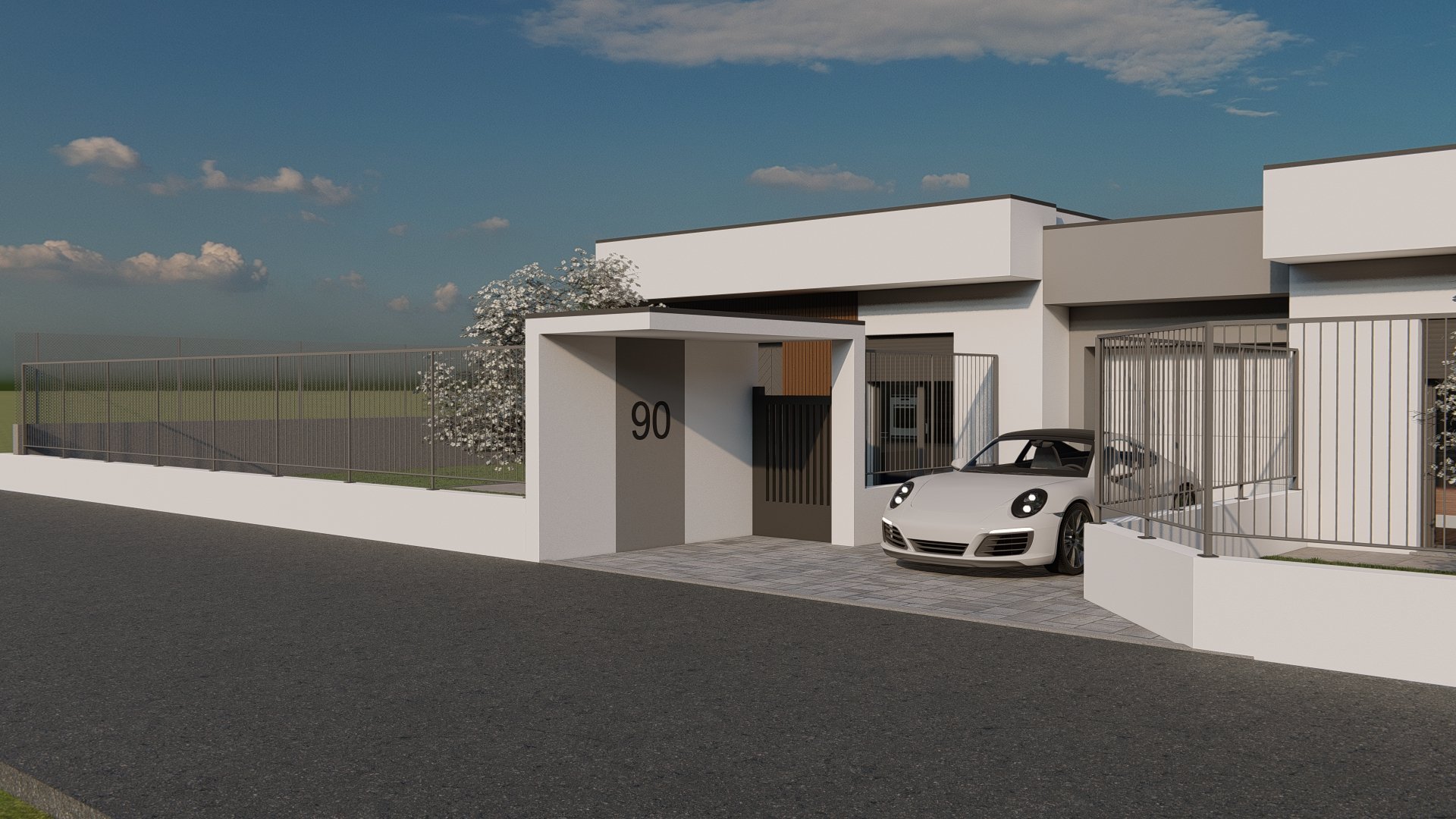 Modern white house with carport, white sports car, number 90 on facade, gated entrance, clear blue sky