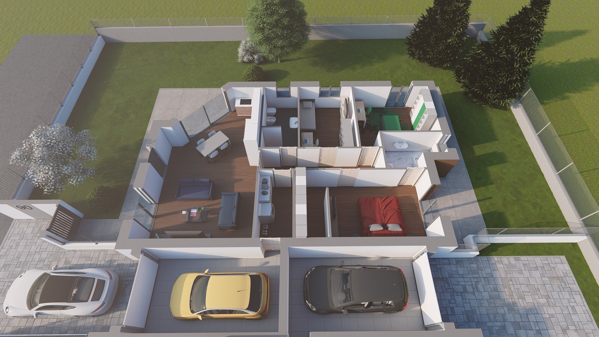 Overhead floor plan rendering of a modern single-story house with garage, showing interior layout, landscaping, and driveway with vehicles