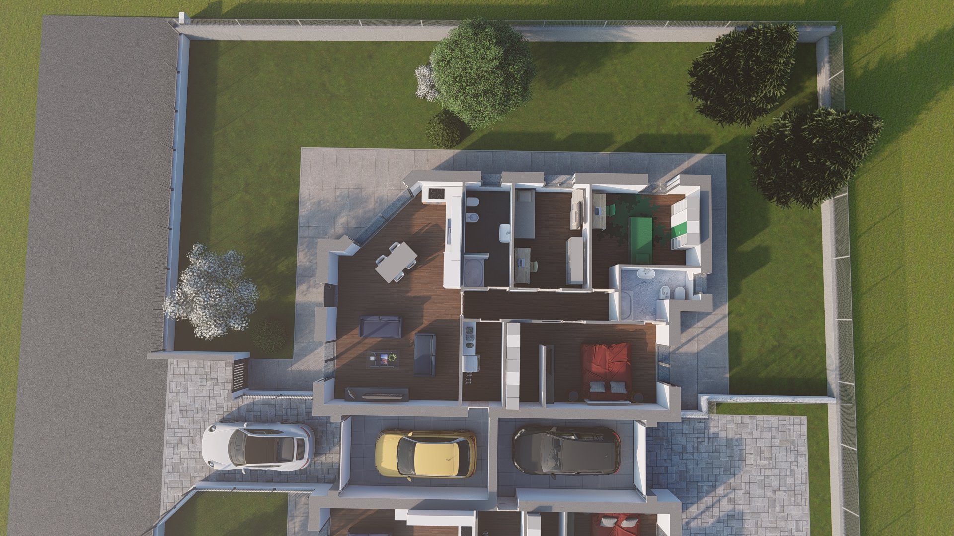 Aerial floor plan view of a residential house showing interior rooms, parking area, and landscaped garden layout