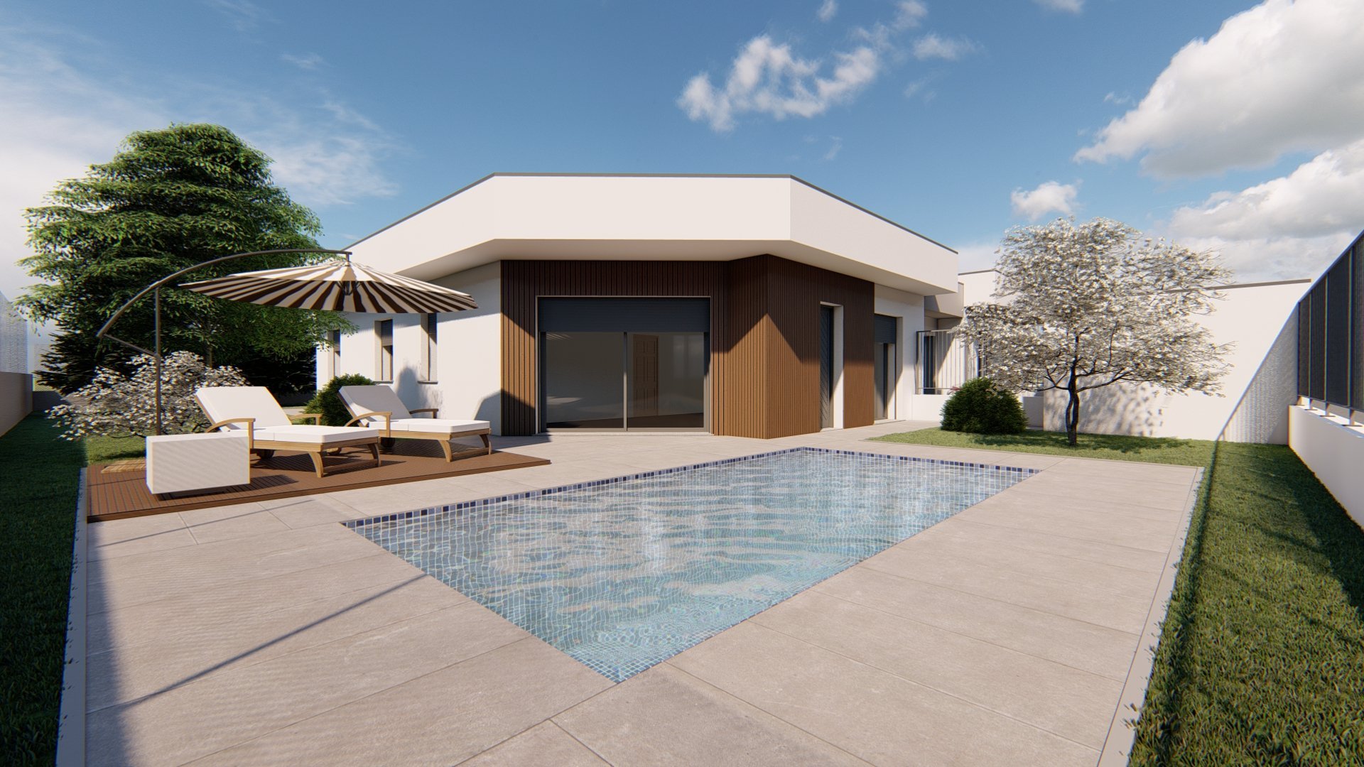 Modern house with pool, lounge chairs, and landscaped garden under blue sky